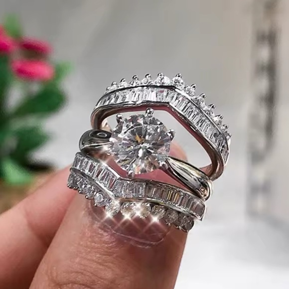 *NEW* 925 3pc Silver Wedding Ring Set